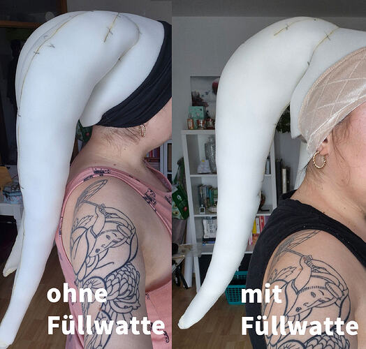 1. Test: links ohne Gewicht & Füllwatte, rechts fertig ausgestopft